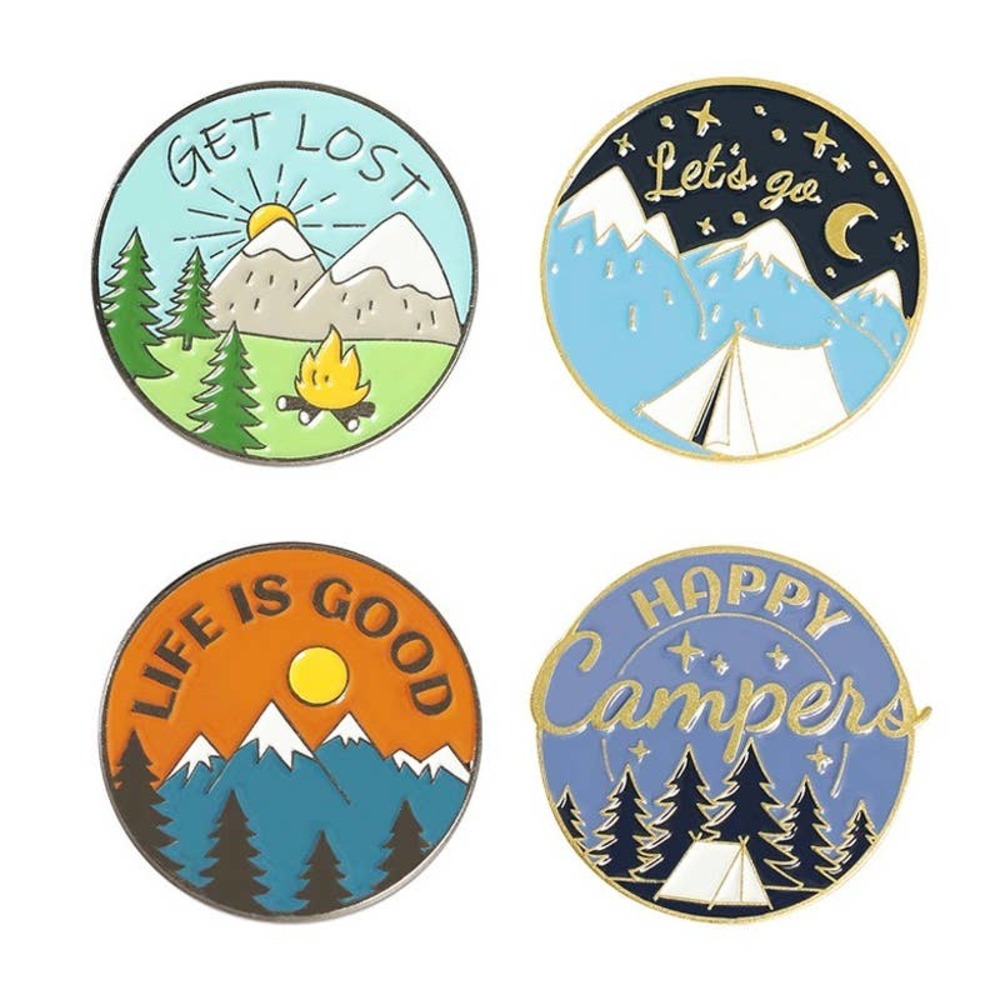 Outdoor Enamel Pins Set of 4 Mountain Trees Camping Hiking Nature Tent Backpack